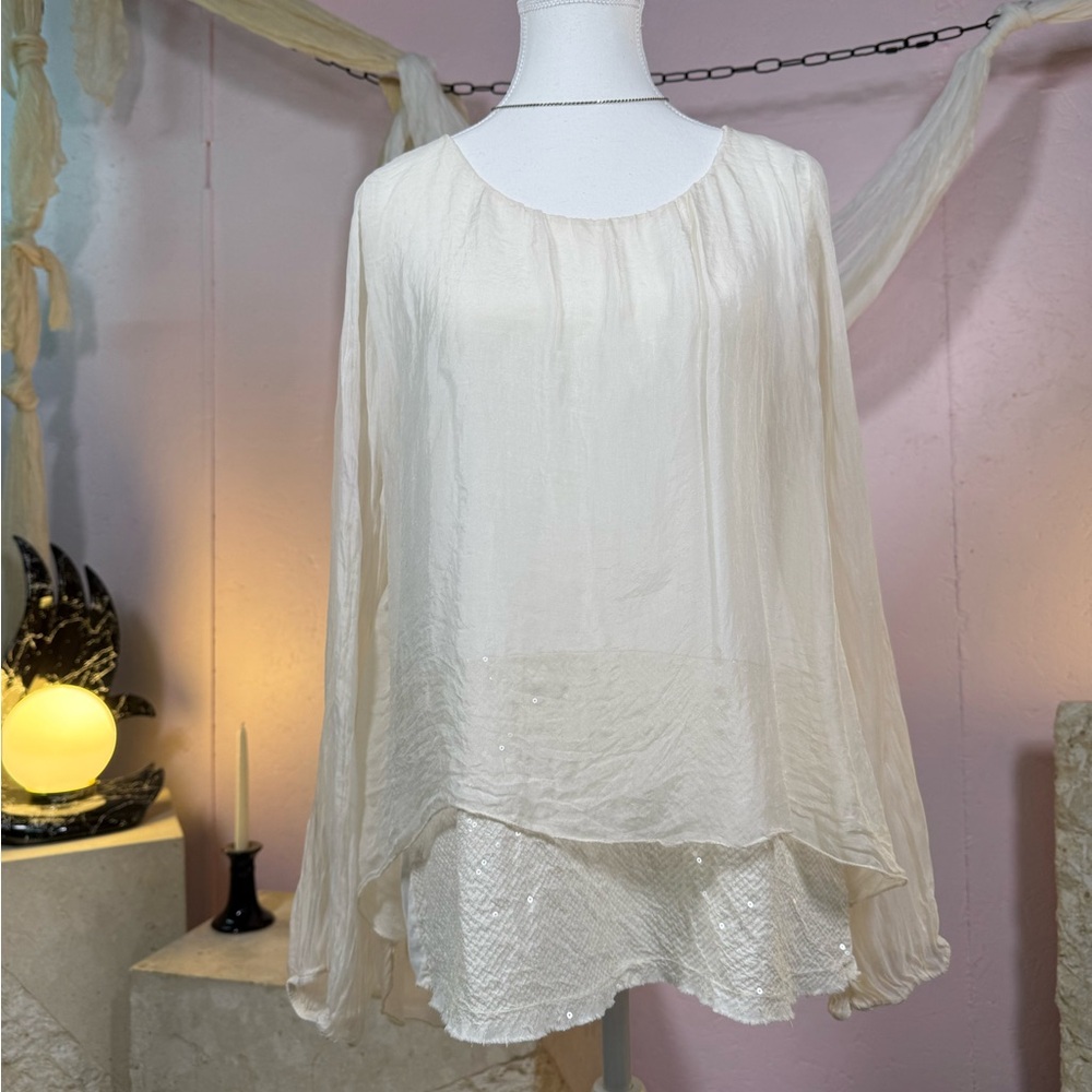 H Trend 100% Silk Layered Sparkle Blouse Made in Italy Size M
